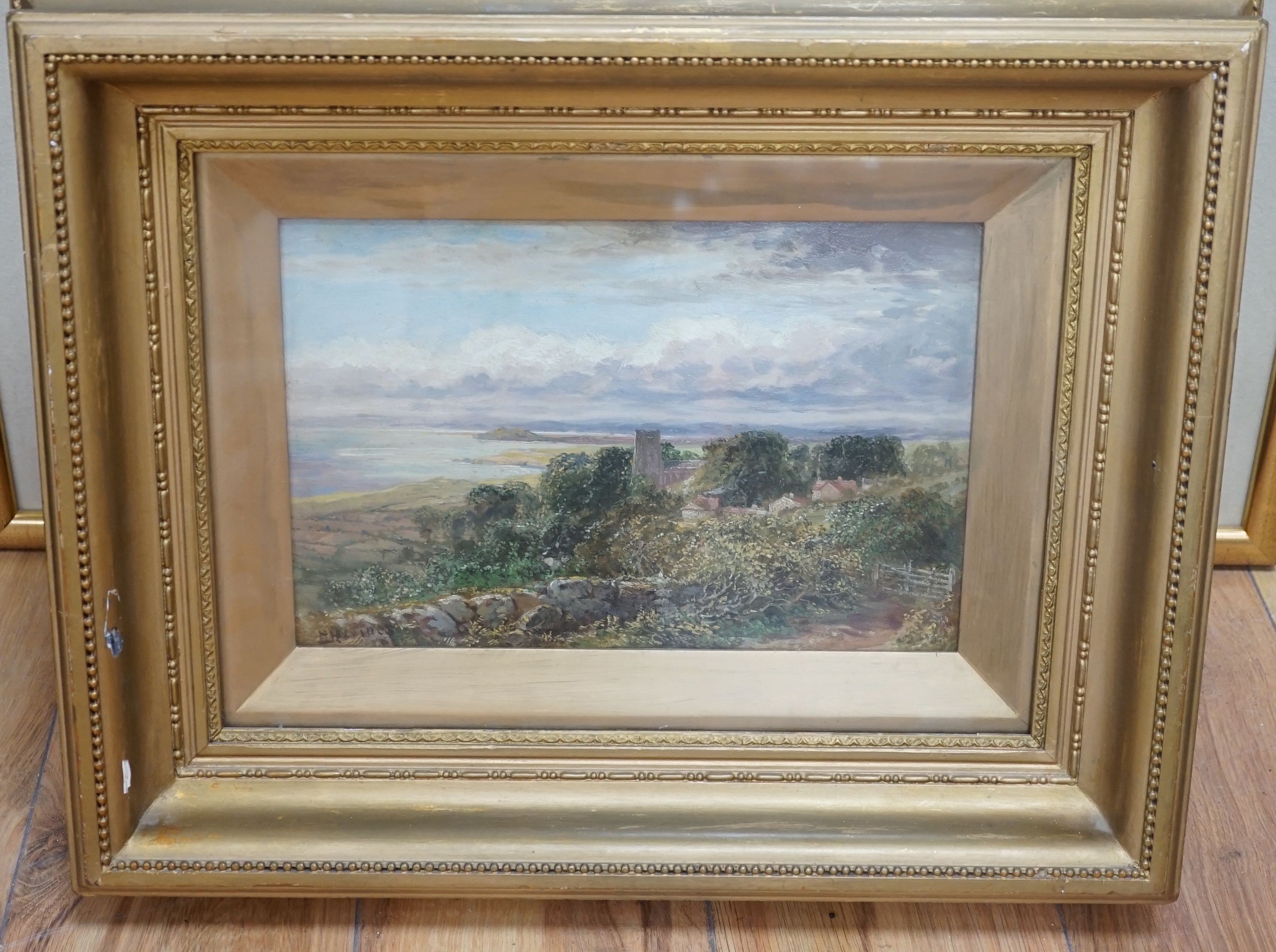 Henry Harris Lines (1800-1889) oil on board, Village by the coast call mark 19.5 cm X 29.5 cm